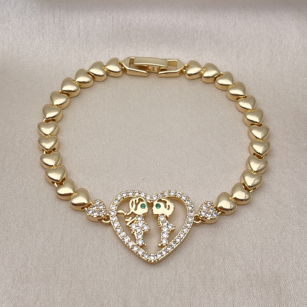 Oro Laminado Fancy Bracelet, Gold Filled Style Heart and Little Girl Design, with White and Green Cubic Zirconia, Polished, Golden Finish