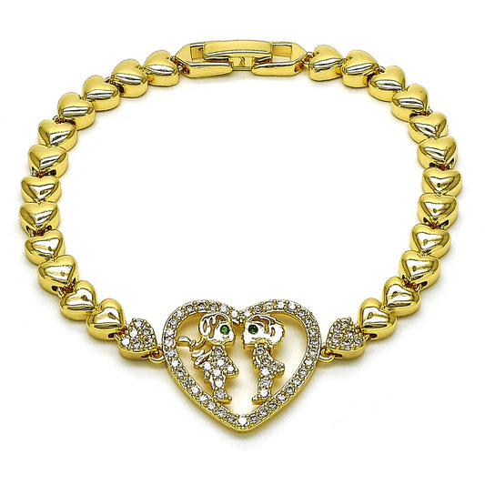 Oro Laminado Fancy Bracelet, Gold Filled Style Heart and Little Girl Design, with White and Green Cubic Zirconia, Polished, Golden Finish