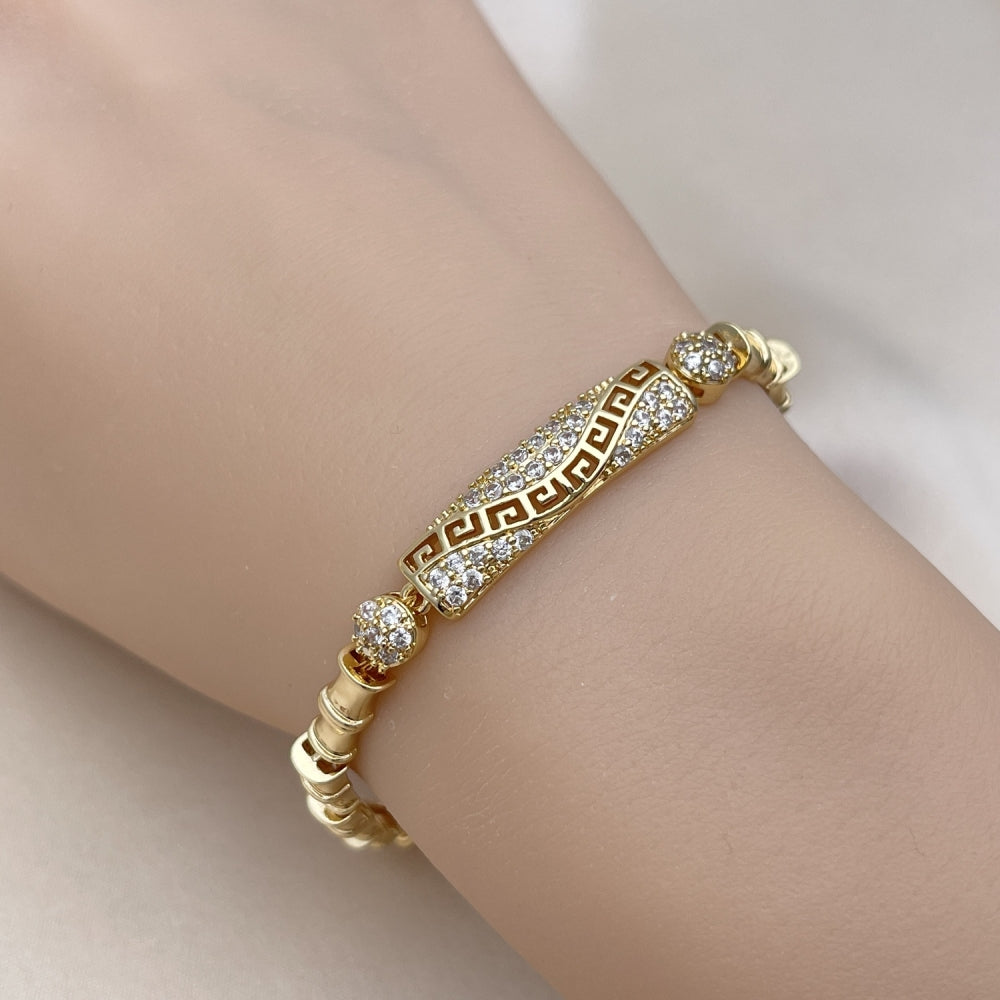 Oro Laminado Fancy Bracelet, Gold Filled Style Bamboo and Greek Key Design, with White Cubic Zirconia, Polished, Golden Finish