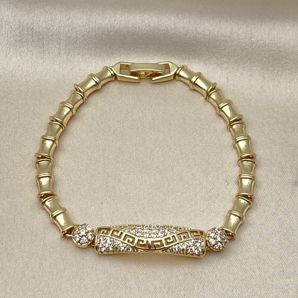 Oro Laminado Fancy Bracelet, Gold Filled Style Bamboo and Greek Key Design, with White Cubic Zirconia, Polished, Golden Finish