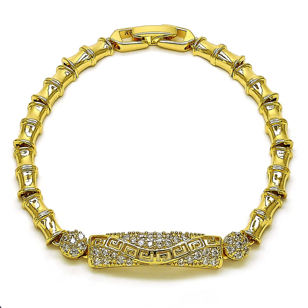 Oro Laminado Fancy Bracelet, Gold Filled Style Bamboo and Greek Key Design, with White Cubic Zirconia, Polished, Golden Finish