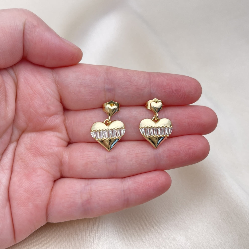Oro Laminado Dangle Earring, Gold Filled Style Heart and Baguette Design, with White Cubic Zirconia, Polished, Golden Finish
