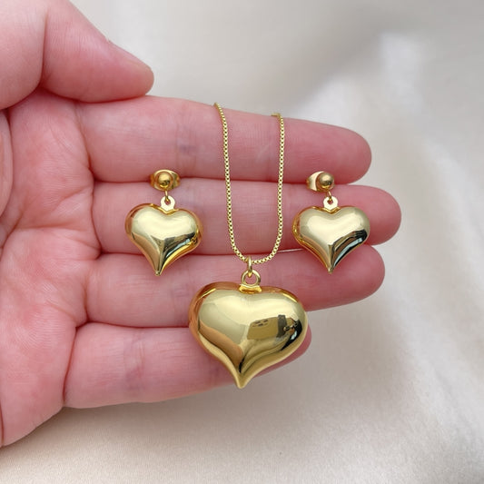 Oro Laminado Earring and Pendant Adult Set, Gold Filled Style Heart and Hollow Design, Polished, Golden Finish