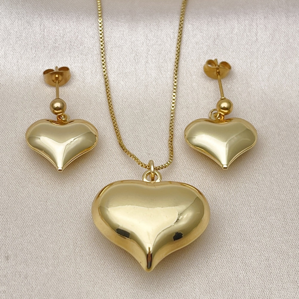 Oro Laminado Earring and Pendant Adult Set, Gold Filled Style Heart and Hollow Design, Polished, Golden Finish