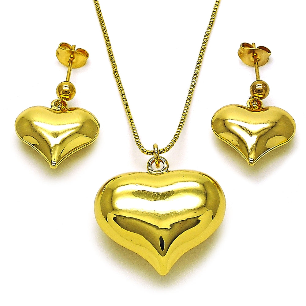 Oro Laminado Earring and Pendant Adult Set, Gold Filled Style Heart and Hollow Design, Polished, Golden Finish