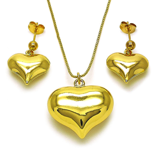 Oro Laminado Earring and Pendant Adult Set, Gold Filled Style Heart and Hollow Design, Polished, Golden Finish