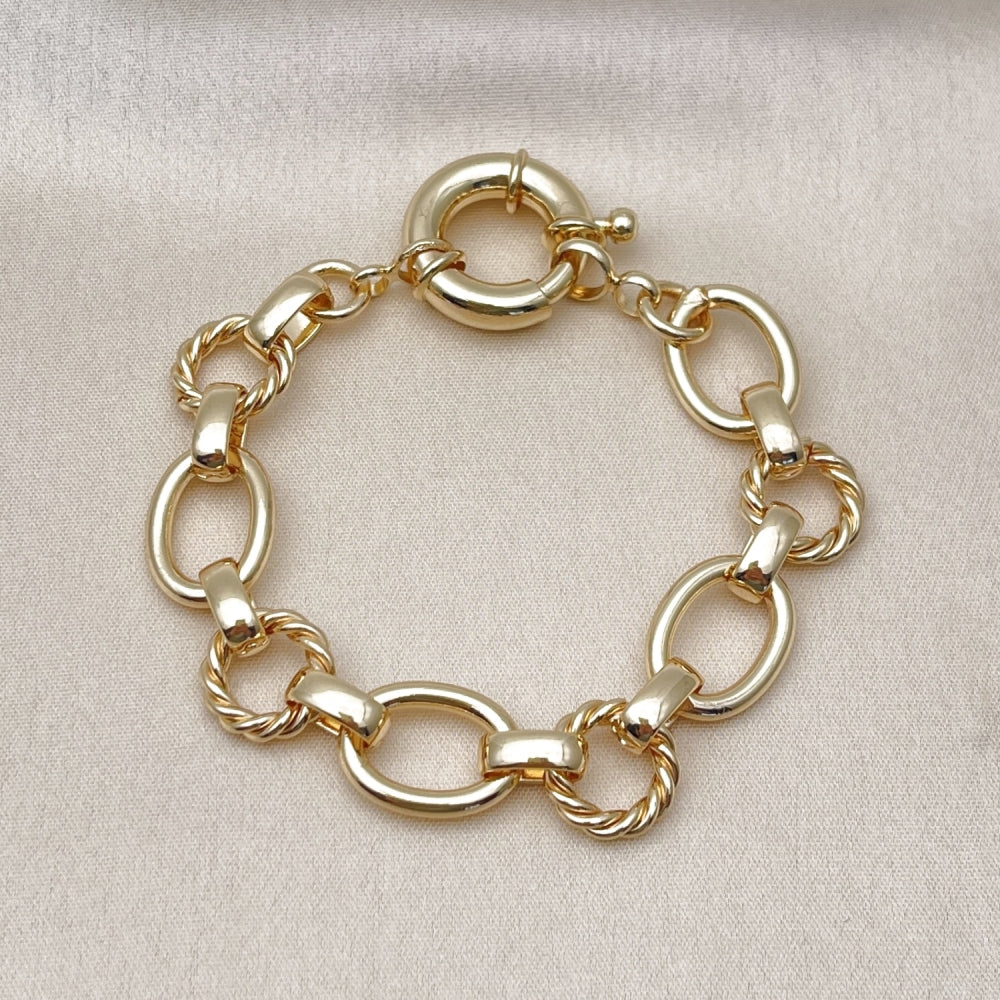 Oro Laminado Fancy Bracelet, Gold Filled Style Twist and Rolo Design, Polished, Golden Finish
