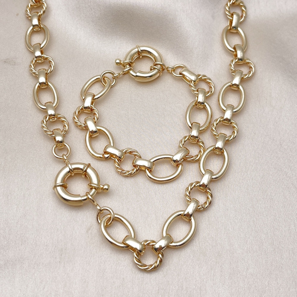 Oro Laminado Necklace and Bracelet, Gold Filled Style Rolo and Twist Design, Polished, Golden Finish