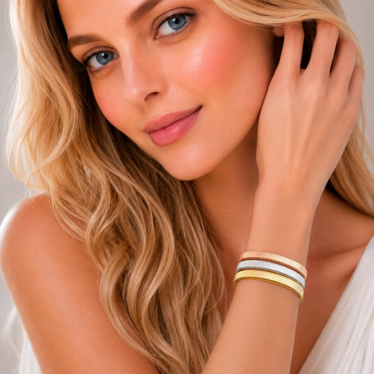 Oro Laminado Trio Bangle, Gold Filled Style Twist Design, Polished, Tricolor