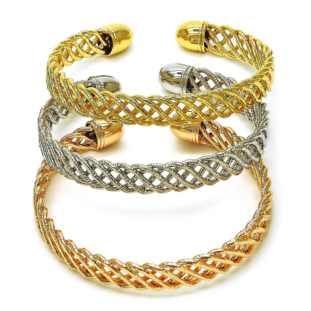 Oro Laminado Trio Bangle, Gold Filled Style Twist Design, Diamond Cutting Finish, Tricolor