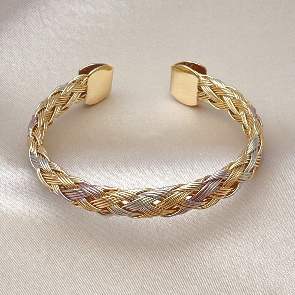 Oro Laminado Individual Bangle, Gold Filled Style Twist Design, Yellow Polished, Tricolor