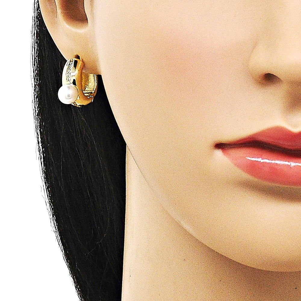 Oro Laminado Huggie Hoop, Gold Filled Style with Ivory Pearl and White Micro Pave, Polished, Golden Finish