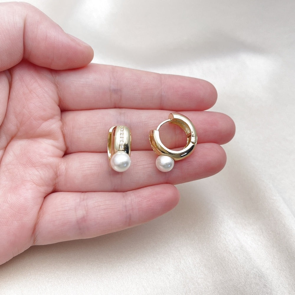 Oro Laminado Huggie Hoop, Gold Filled Style with Ivory Pearl and White Micro Pave, Polished, Golden Finish