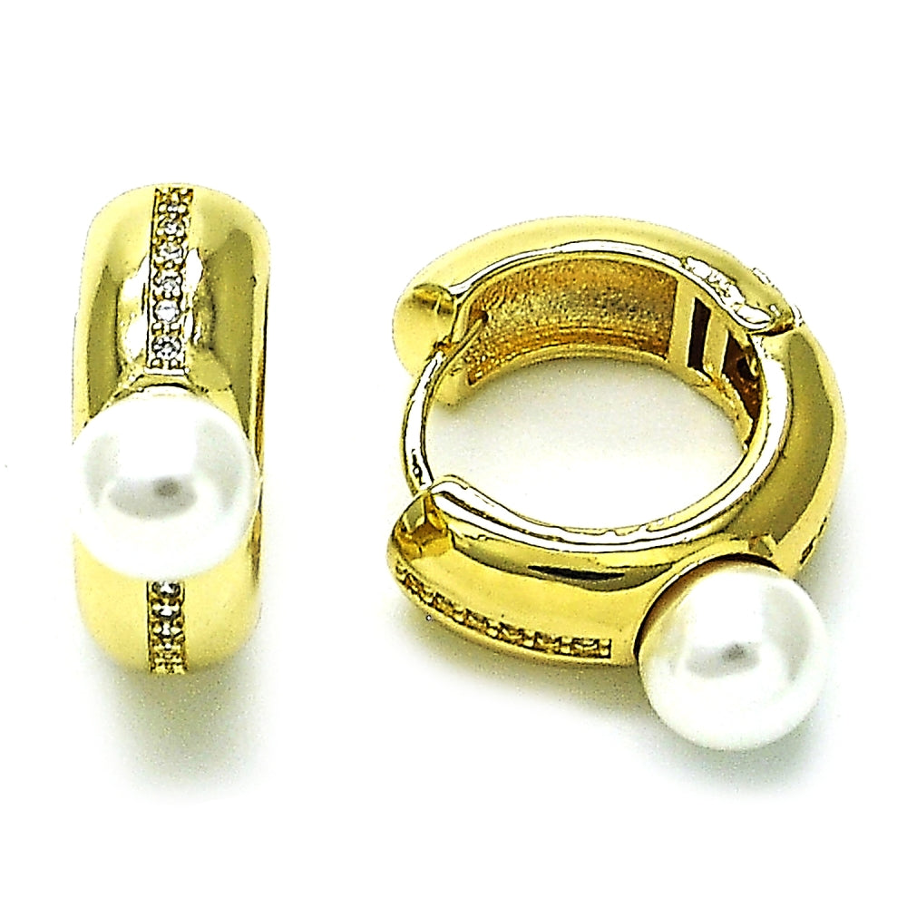 Oro Laminado Huggie Hoop, Gold Filled Style with Ivory Pearl and White Micro Pave, Polished, Golden Finish