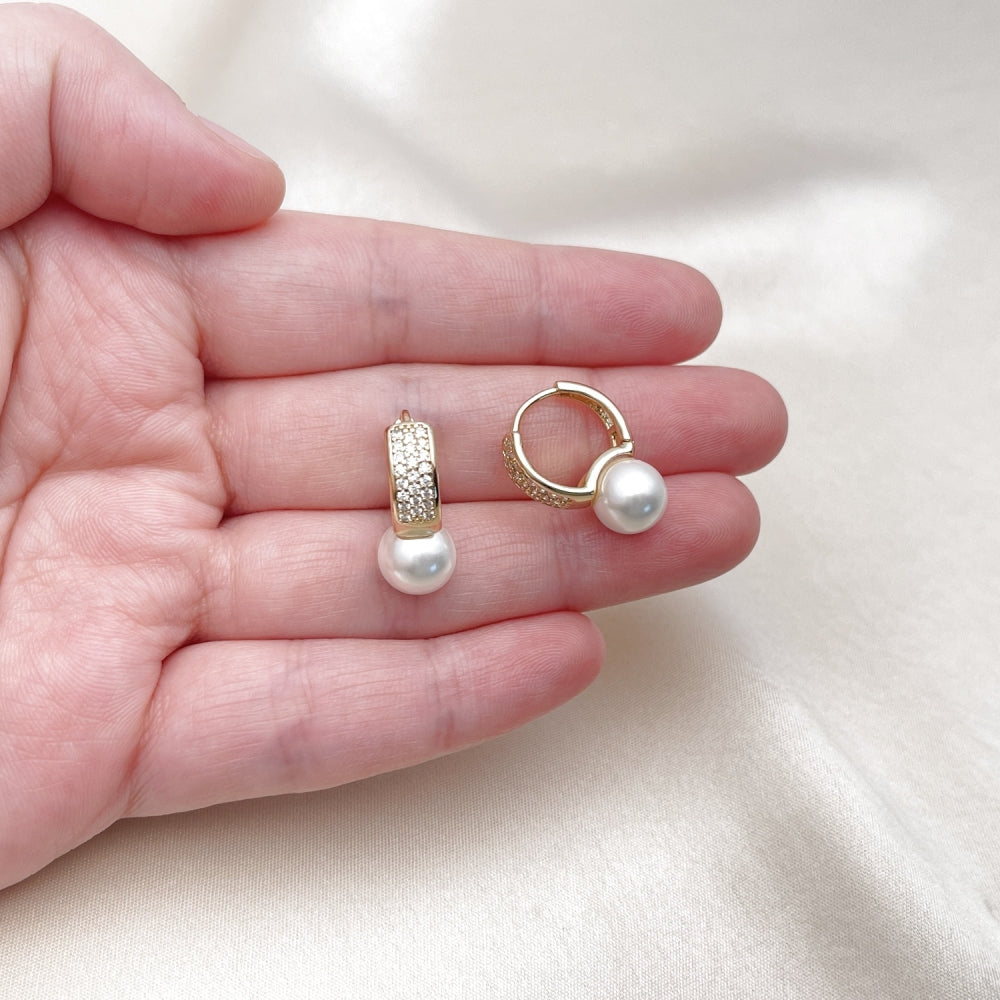 Oro Laminado Huggie Hoop, Gold Filled Style with Ivory Pearl and White Micro Pave, Polished, Golden Finish