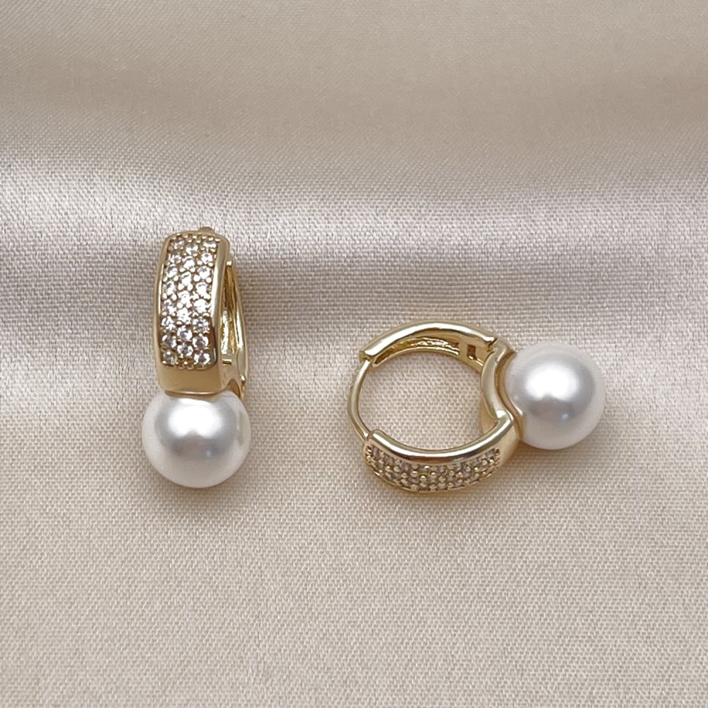 Oro Laminado Huggie Hoop, Gold Filled Style with Ivory Pearl and White Micro Pave, Polished, Golden Finish