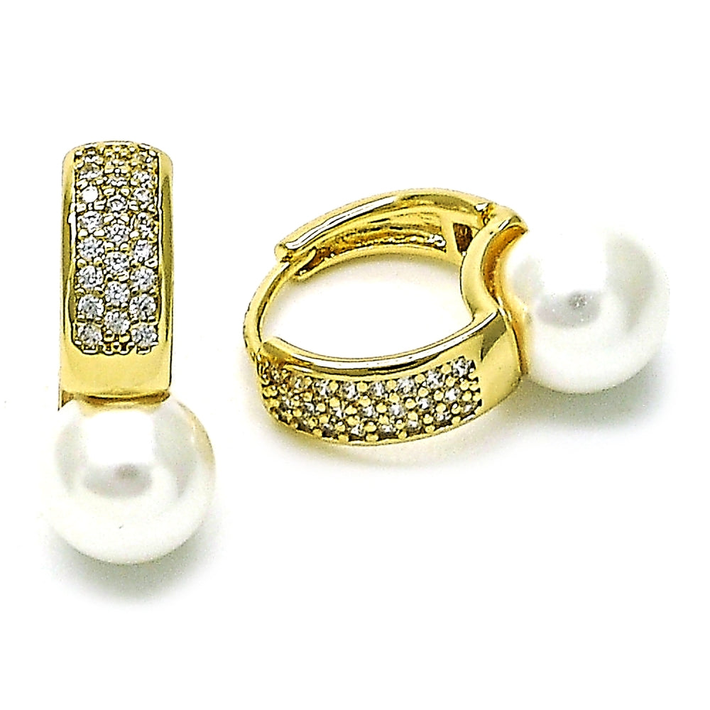 Oro Laminado Huggie Hoop, Gold Filled Style with Ivory Pearl and White Micro Pave, Polished, Golden Finish