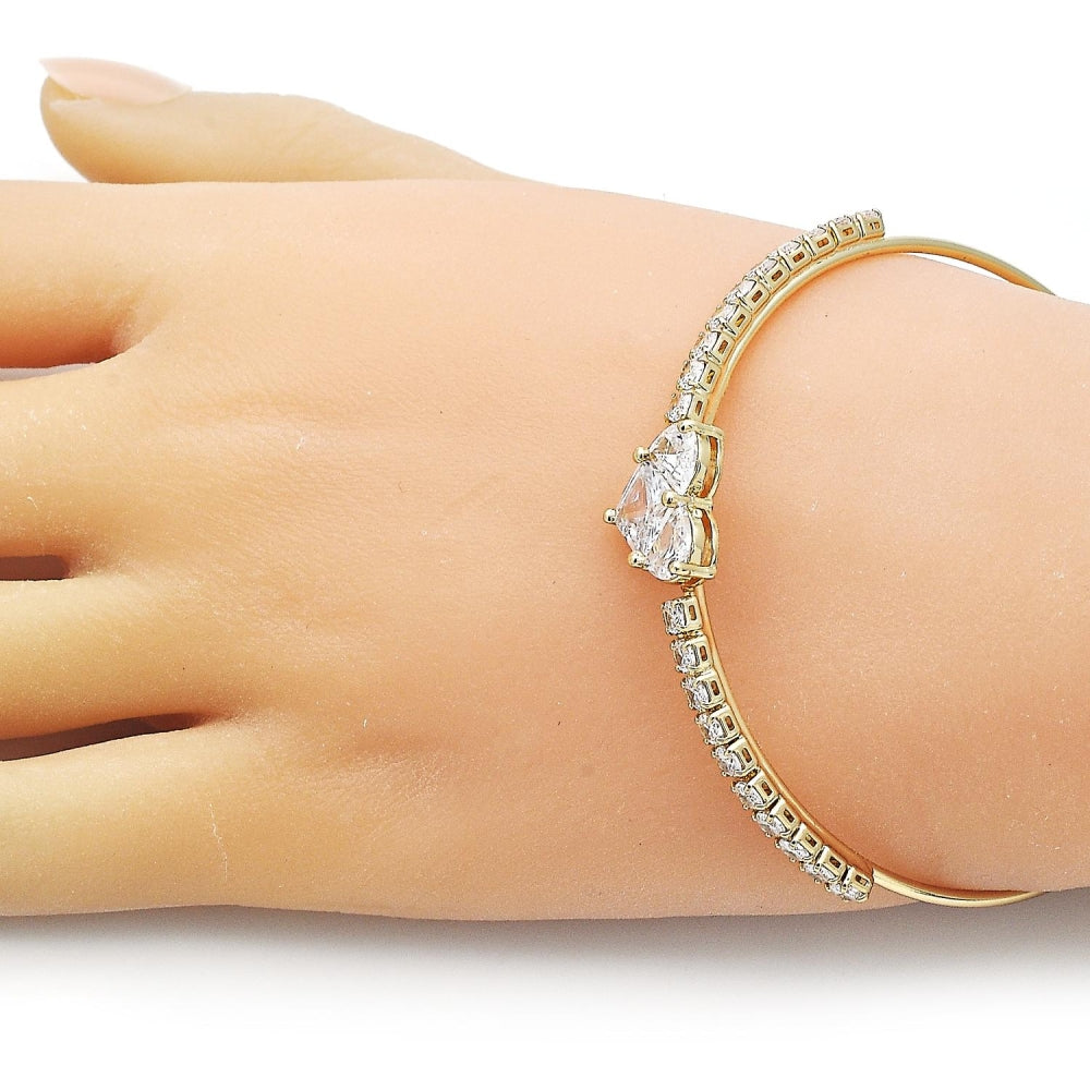 Oro Laminado Individual Bangle, Gold Filled Style Heart and Cluster Design, with White Cubic Zirconia, Polished, Golden Finish