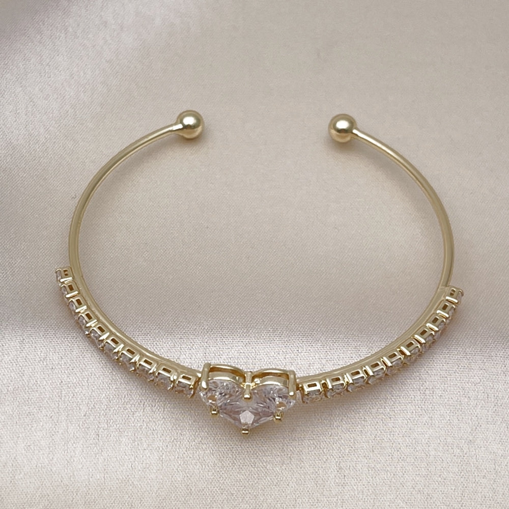 Oro Laminado Individual Bangle, Gold Filled Style Heart and Cluster Design, with White Cubic Zirconia, Polished, Golden Finish