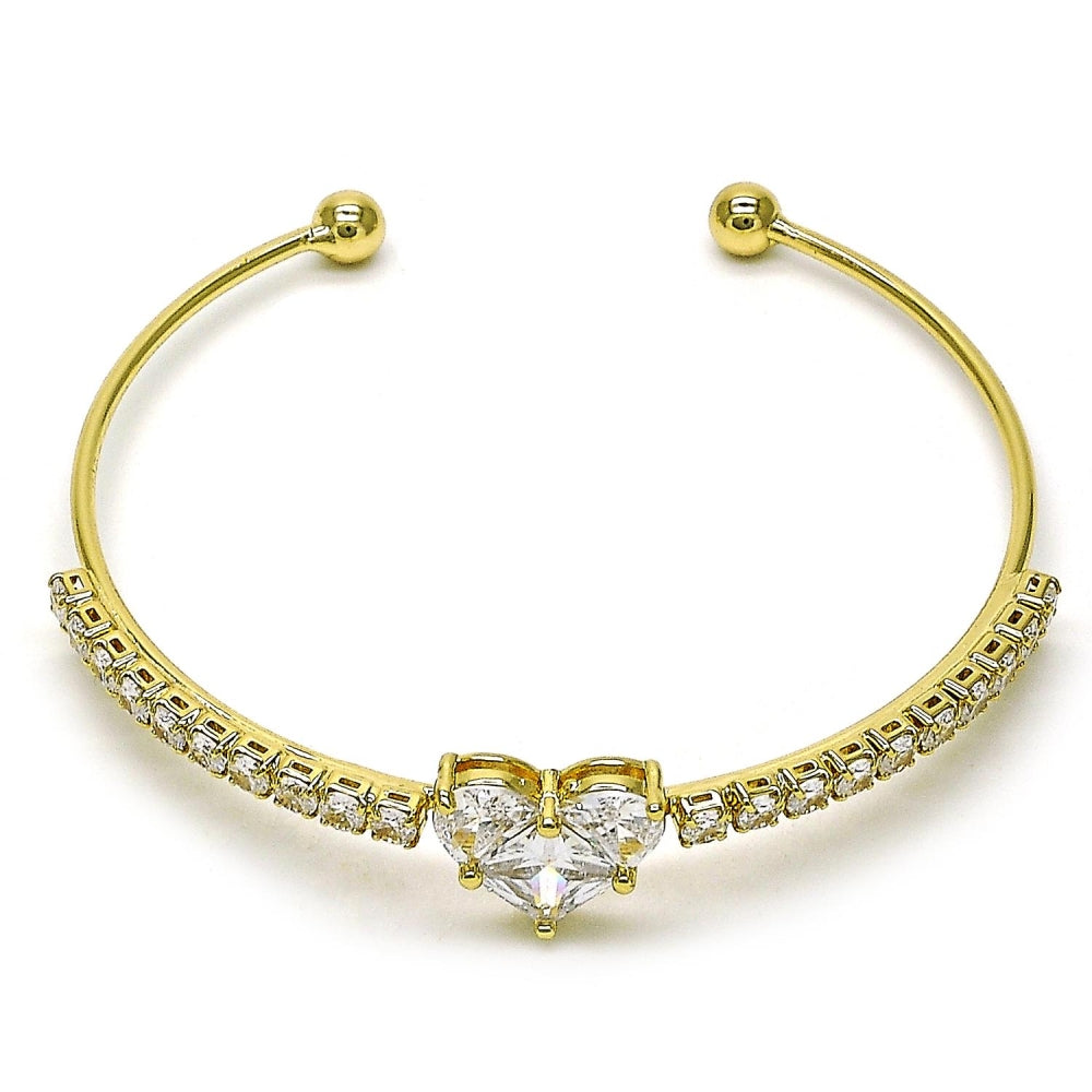Oro Laminado Individual Bangle, Gold Filled Style Heart and Cluster Design, with White Cubic Zirconia, Polished, Golden Finish