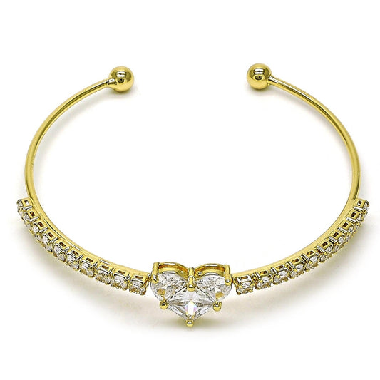 Oro Laminado Individual Bangle, Gold Filled Style Heart and Cluster Design, with White Cubic Zirconia, Polished, Golden Finish
