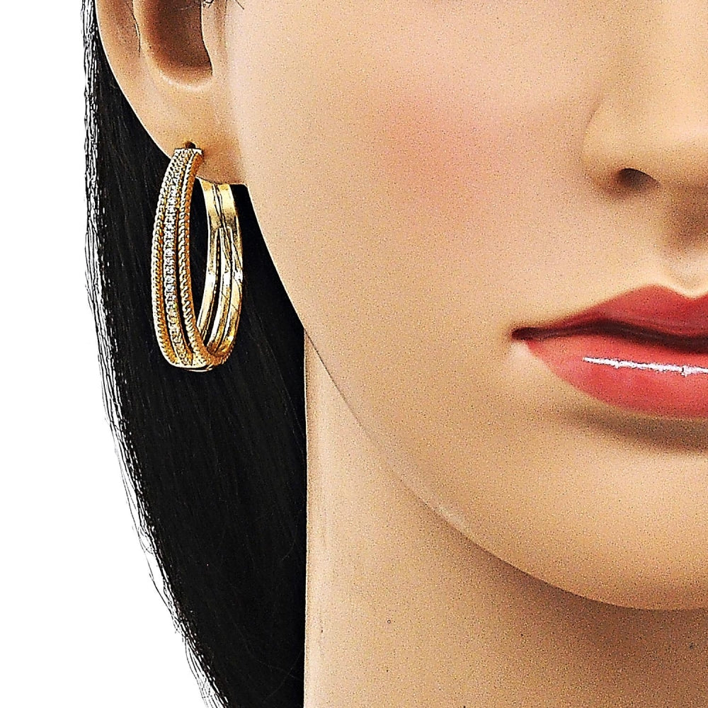 Oro Laminado Huggie Hoop, Gold Filled Style Twist Design, with White Micro Pave, Polished, Golden Finish