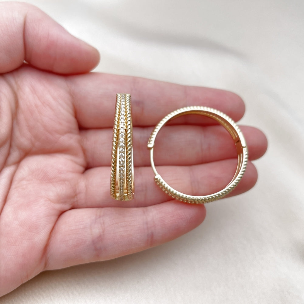 Oro Laminado Huggie Hoop, Gold Filled Style Twist Design, with White Micro Pave, Polished, Golden Finish