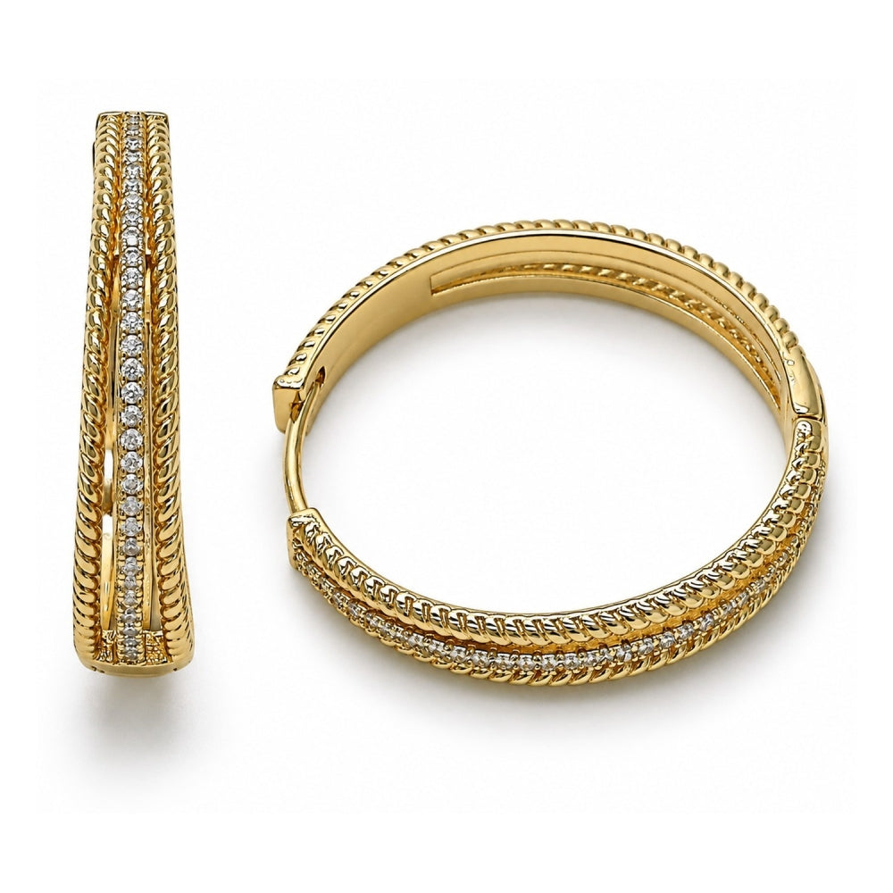 Oro Laminado Huggie Hoop, Gold Filled Style Twist Design, with White Micro Pave, Polished, Golden Finish