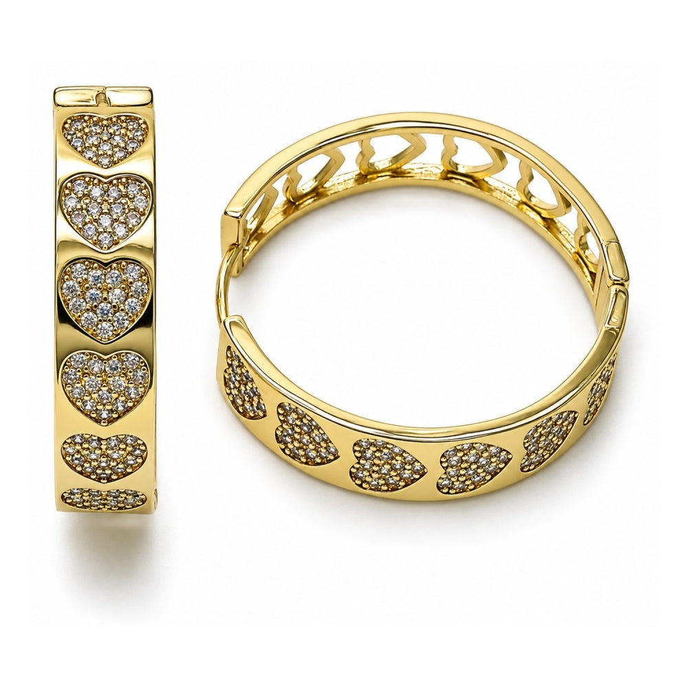 Oro Laminado Huggie Hoop, Gold Filled Style Heart Design, with White Micro Pave, Polished, Golden Finish