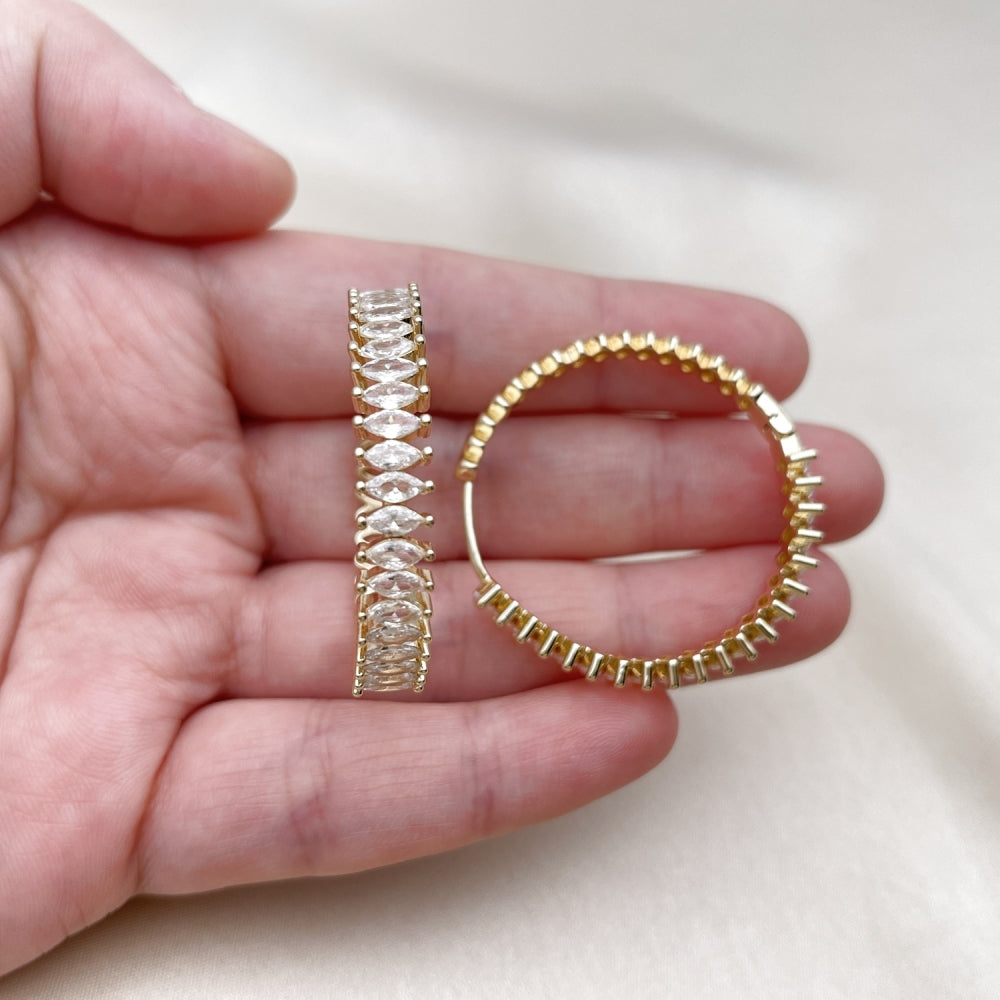 Oro Laminado Huggie Hoop, Gold Filled Style with White Cubic Zirconia, Polished, Golden Finish