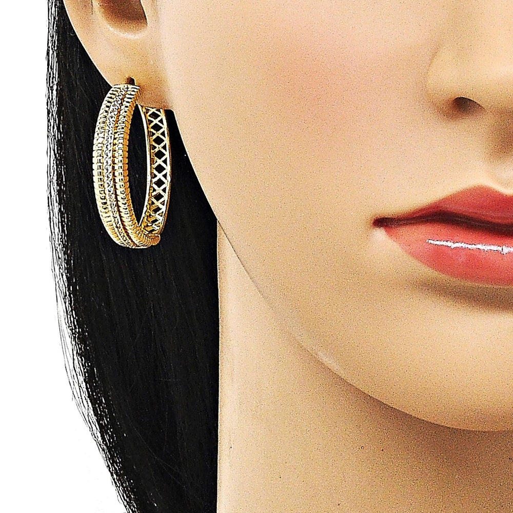 Oro Laminado Huggie Hoop, Gold Filled Style Twist Design, with White Micro Pave, Polished, Golden Finish