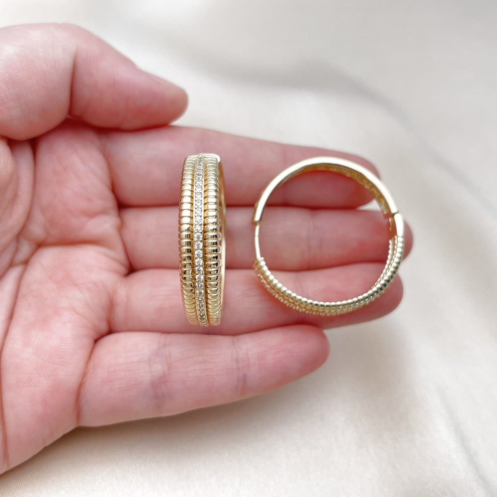 Oro Laminado Huggie Hoop, Gold Filled Style Twist Design, with White Micro Pave, Polished, Golden Finish