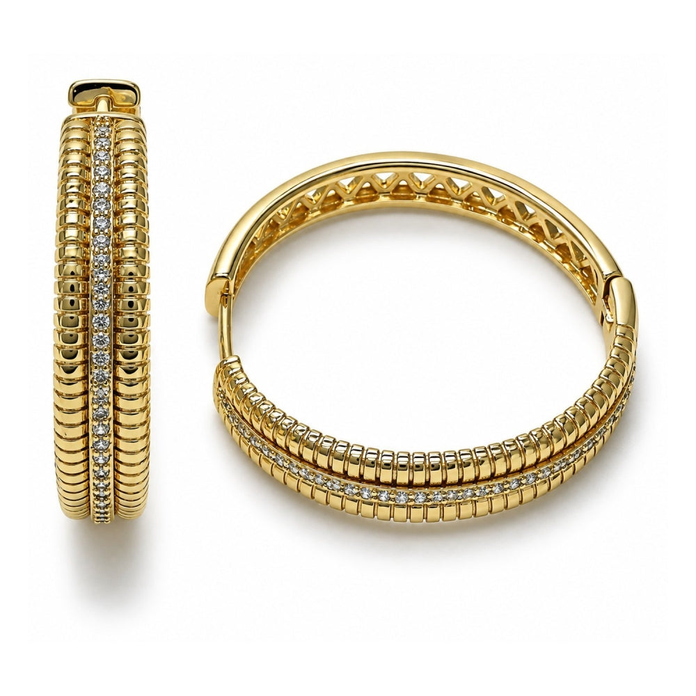 Oro Laminado Huggie Hoop, Gold Filled Style Twist Design, with White Micro Pave, Polished, Golden Finish