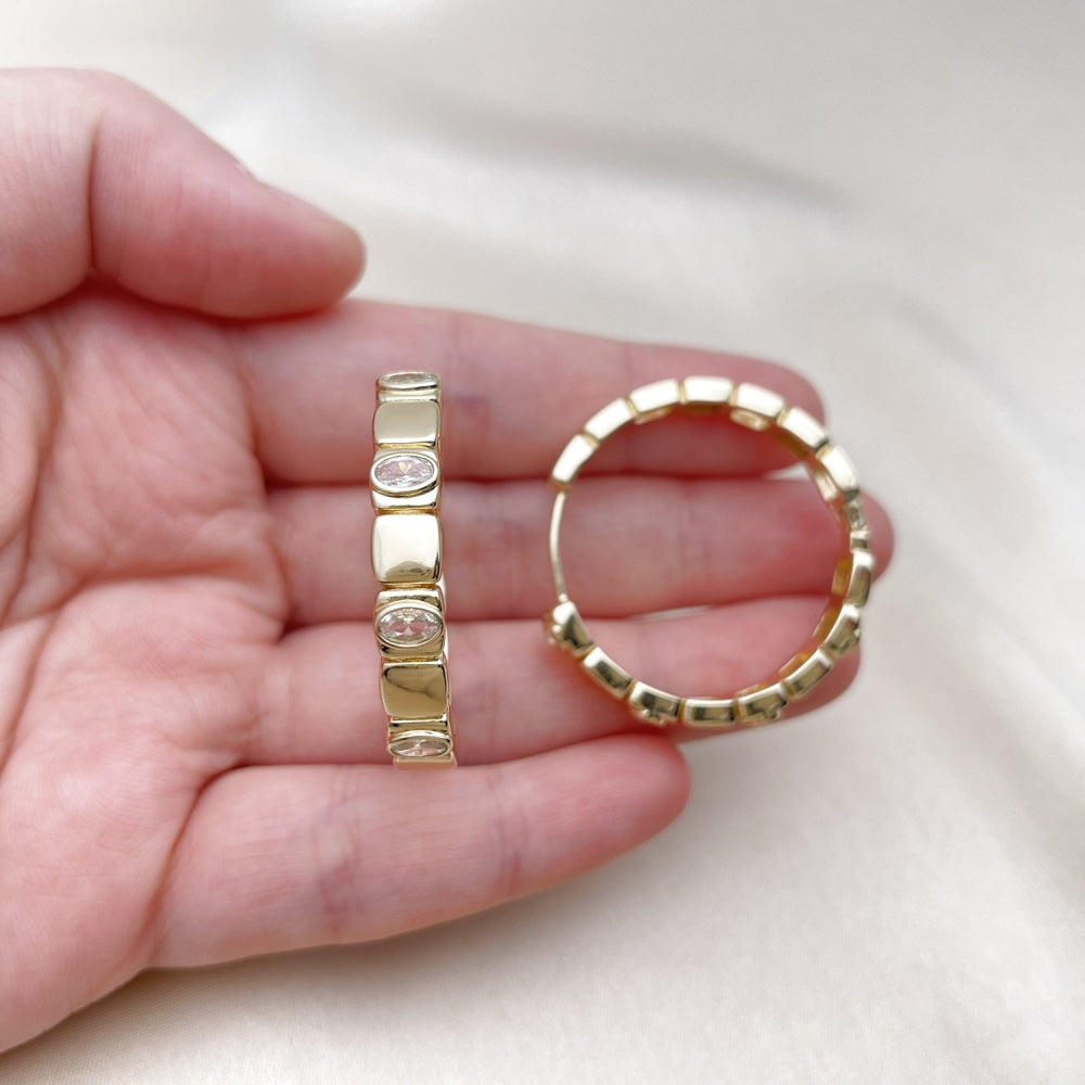 Oro Laminado Huggie Hoop, Gold Filled Style with White Cubic Zirconia, Polished, Golden Finish
