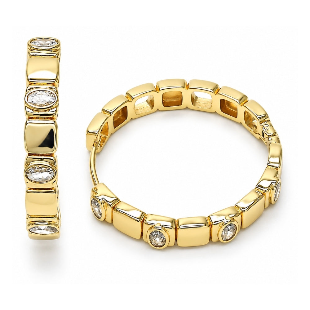 Oro Laminado Huggie Hoop, Gold Filled Style with White Cubic Zirconia, Polished, Golden Finish