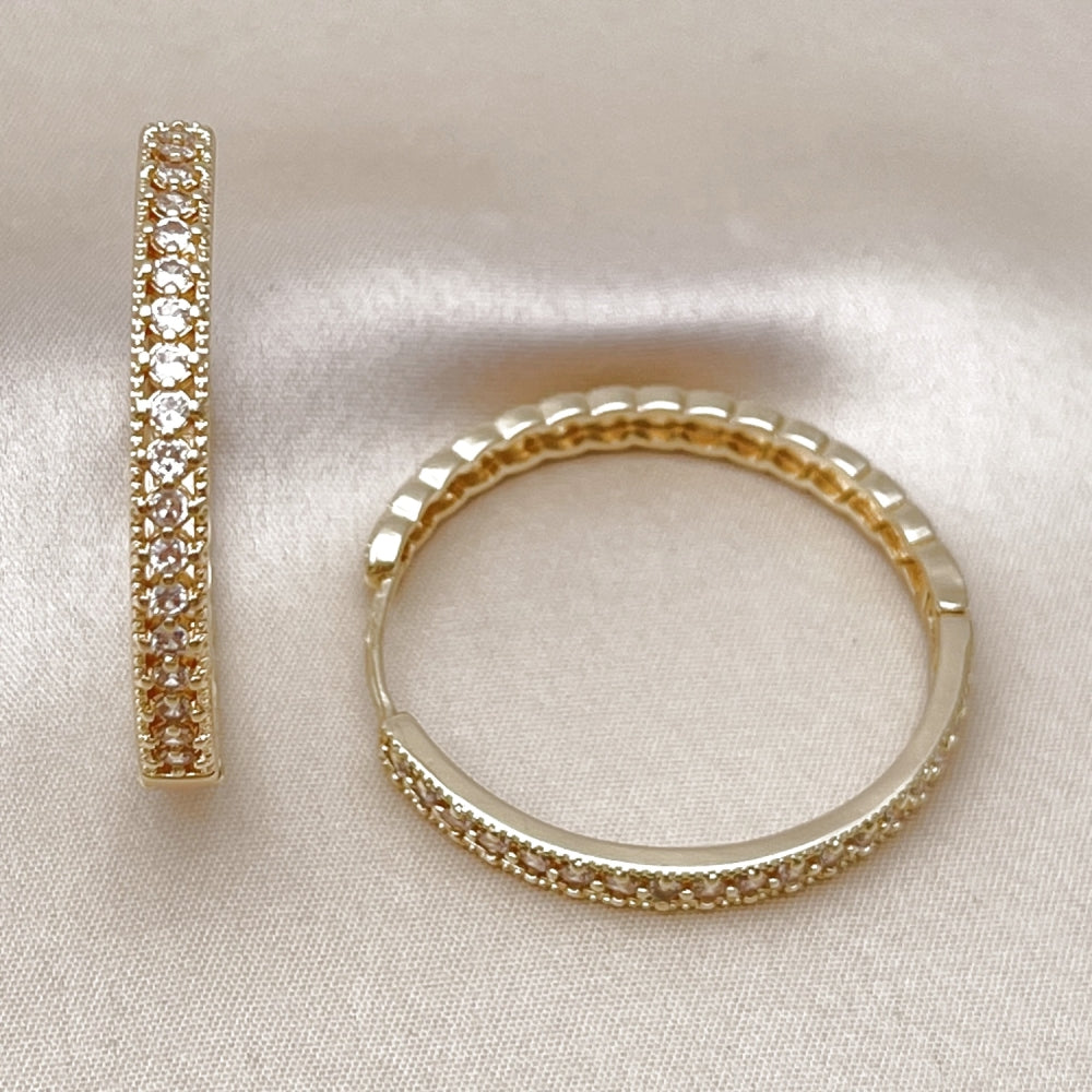 Oro Laminado Huggie Hoop, Gold Filled Style with White Cubic Zirconia, Polished, Golden Finish