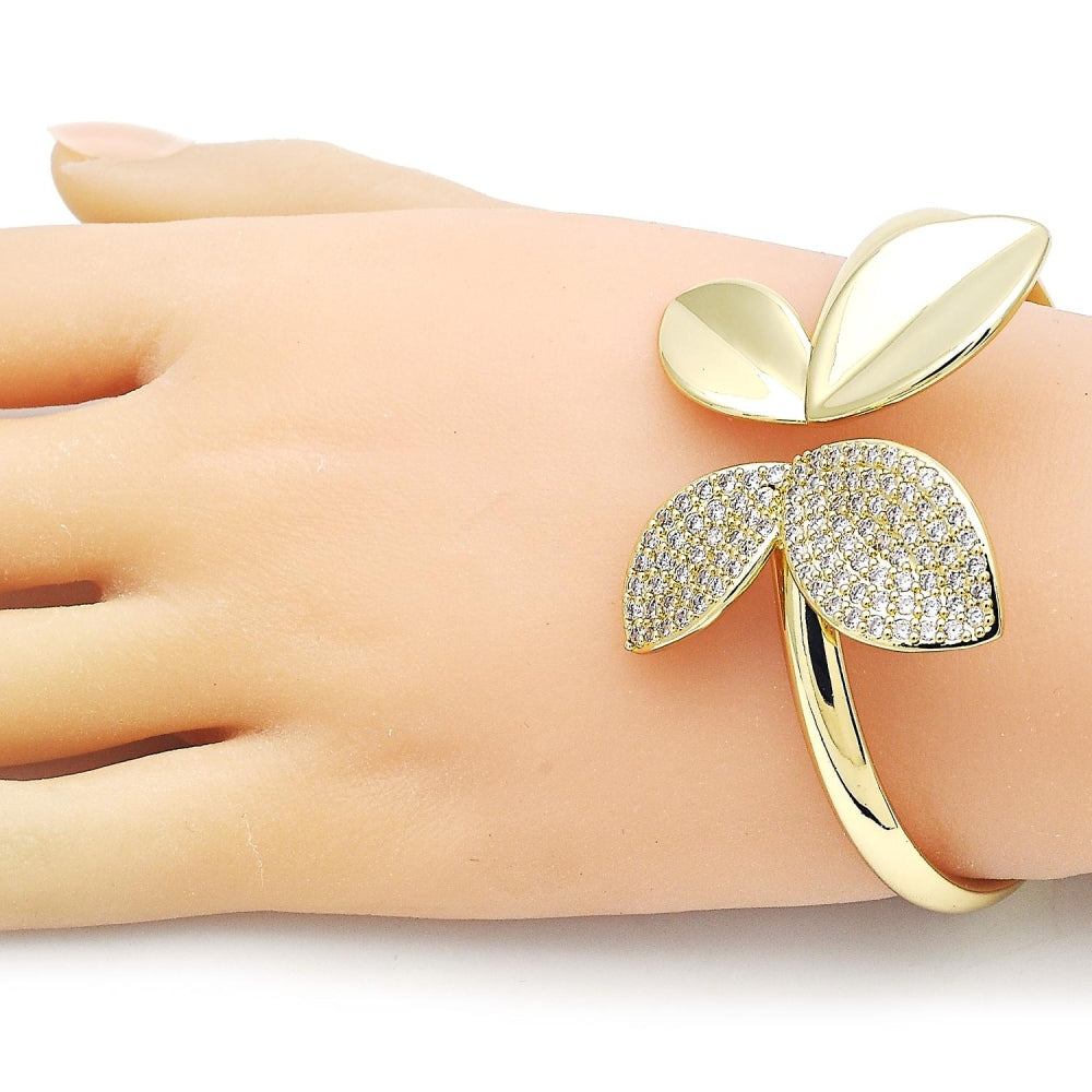 Oro Laminado Individual Bangle, Gold Filled Style Leaf Design, with White Cubic Zirconia, Polished, Golden Finish