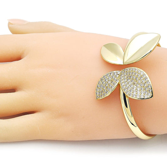 Oro Laminado Individual Bangle, Gold Filled Style Leaf Design, with White Cubic Zirconia, Polished, Golden Finish