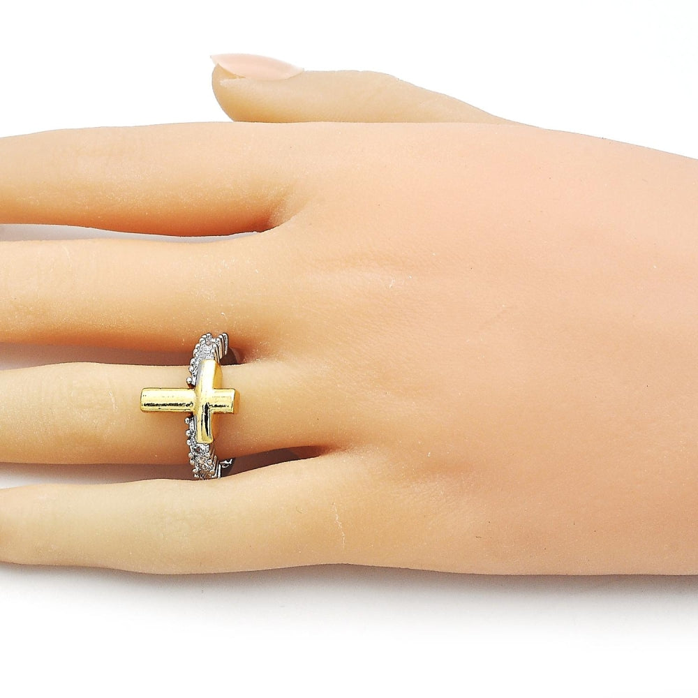 Oro Laminado Multi Stone Ring, Gold Filled Style Cross Design, with White Cubic Zirconia, Polished, Two Tone