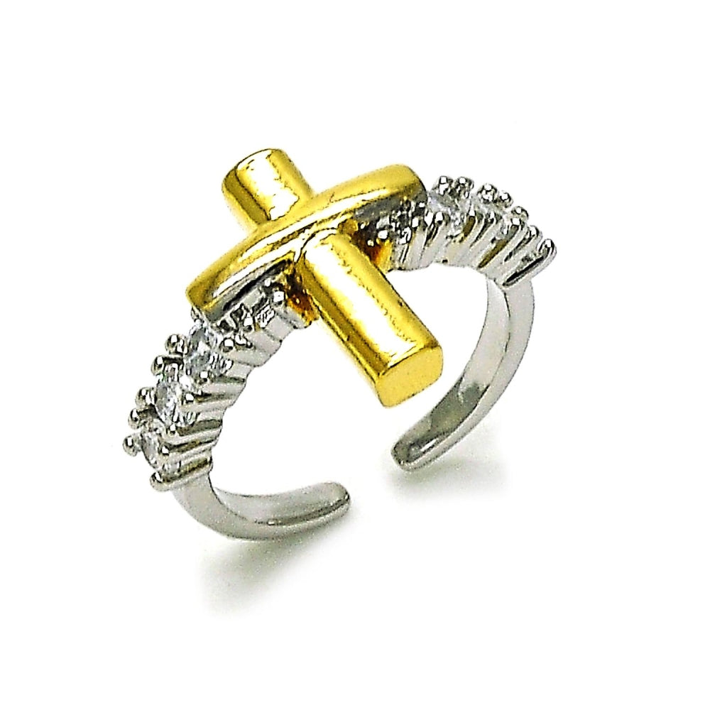 Oro Laminado Multi Stone Ring, Gold Filled Style Cross Design, with White Cubic Zirconia, Polished, Two Tone