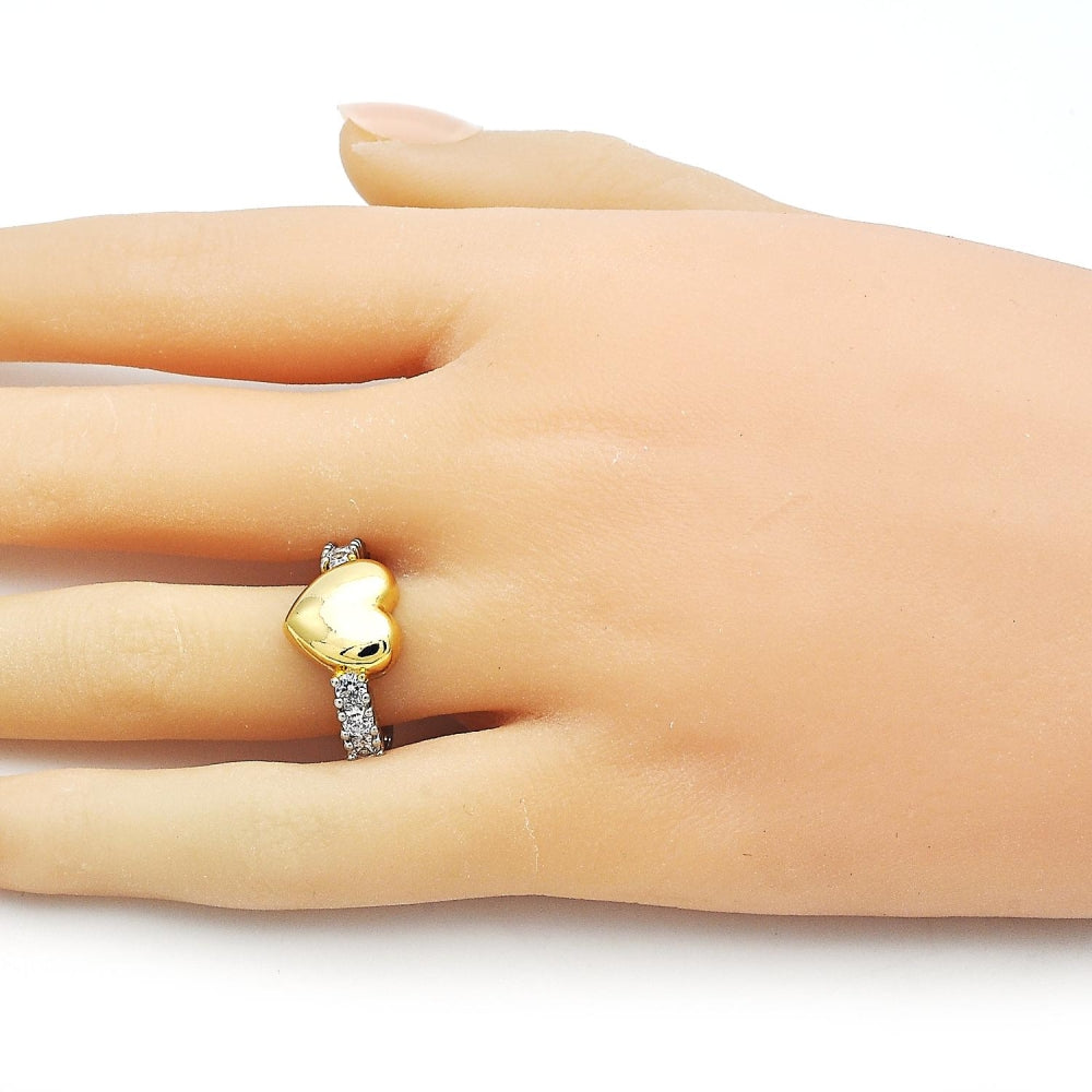 Oro Laminado Multi Stone Ring, Gold Filled Style Heart Design, with White Cubic Zirconia, Polished, Two Tone