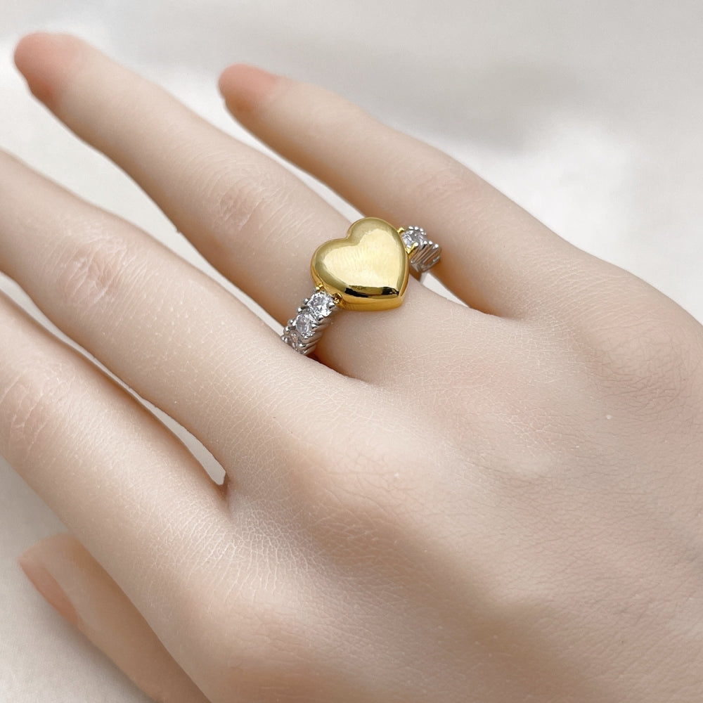 Oro Laminado Multi Stone Ring, Gold Filled Style Heart Design, with White Cubic Zirconia, Polished, Two Tone