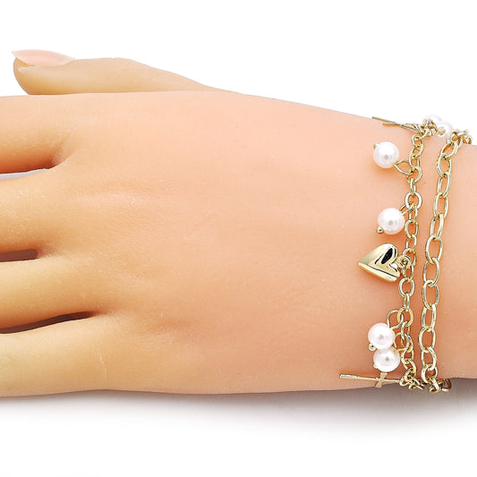 Oro Laminado Charm Bracelet, Gold Filled Style Rolo and Heart Design, with Ivory Pearl, Polished, Golden Finish