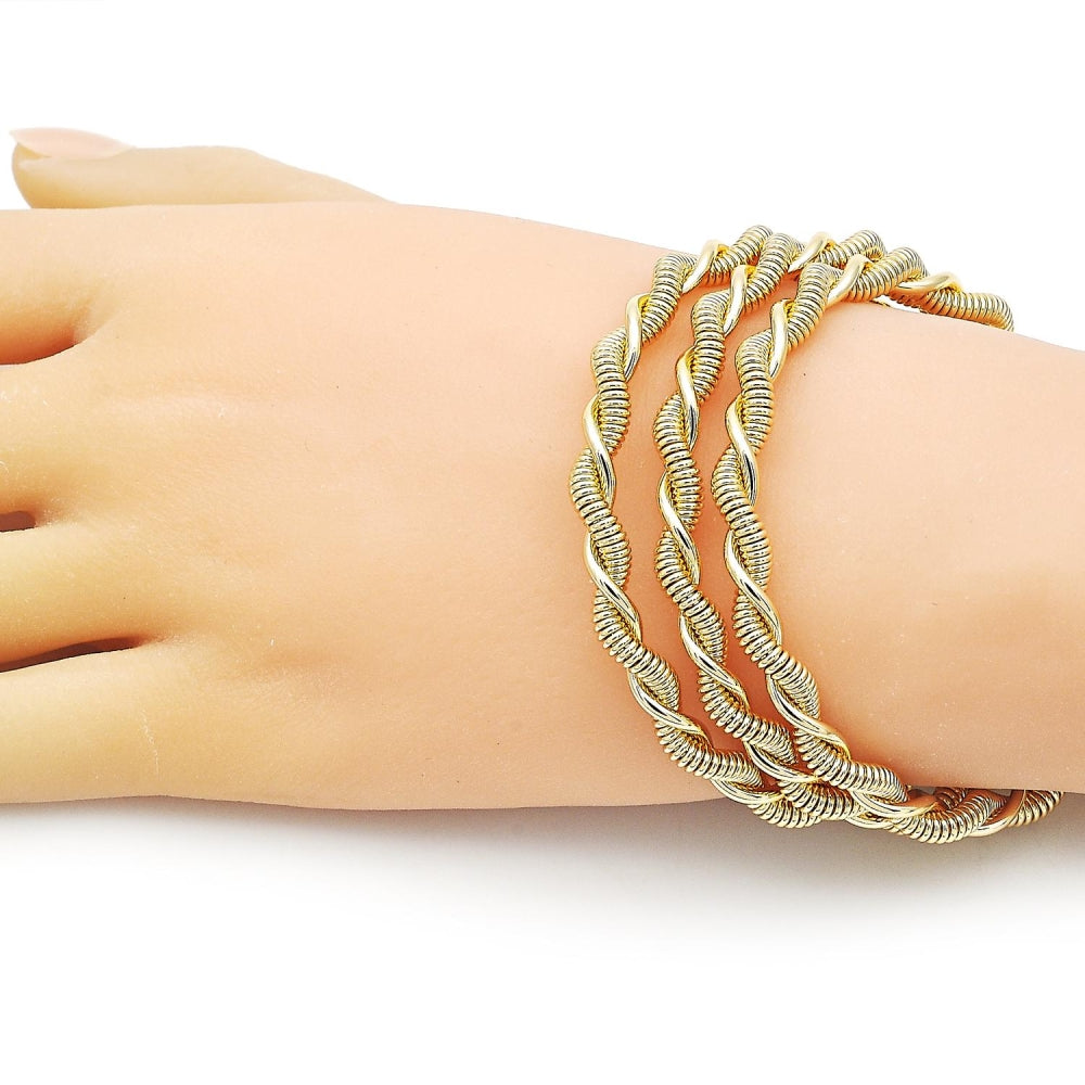 Oro Laminado Trio Bangle, Gold Filled Style Twist Design, Polished, Golden Finish