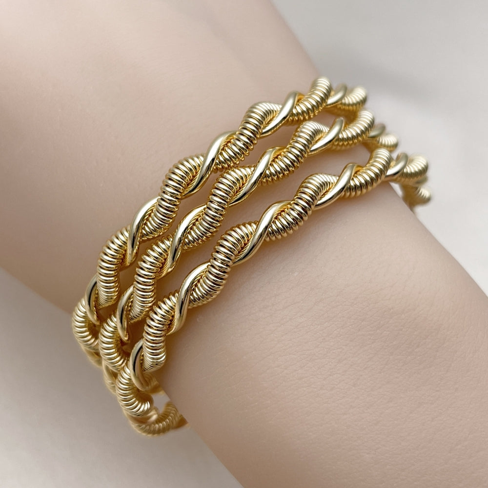 Oro Laminado Trio Bangle, Gold Filled Style Twist Design, Polished, Golden Finish