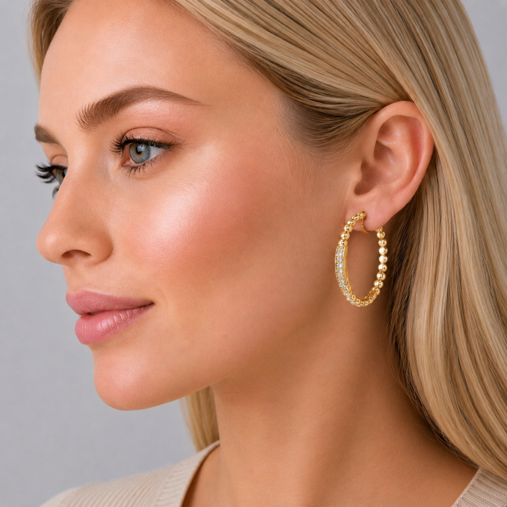 Oro Laminado Huggie Hoop, Gold Filled Style Ball Design, with White Cubic Zirconia, Polished, Golden Finish