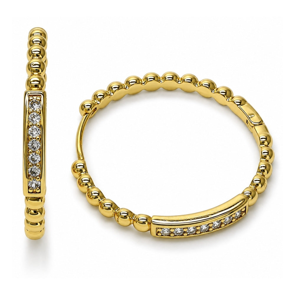 Oro Laminado Huggie Hoop, Gold Filled Style Ball Design, with White Cubic Zirconia, Polished, Golden Finish