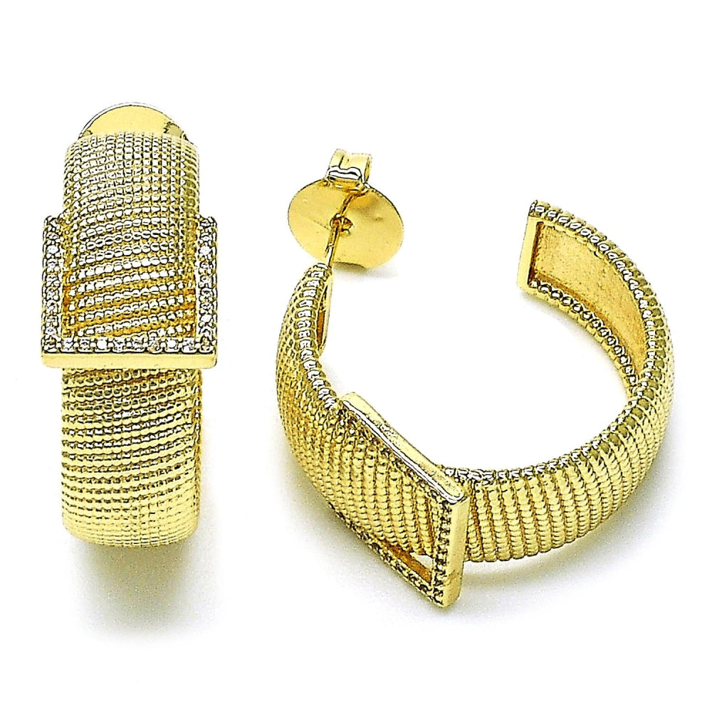 Oro Laminado Medium Hoop, Gold Filled Style Belt Buckle Design, with White Micro Pave, Diamond Cutting Finish, Golden Finish