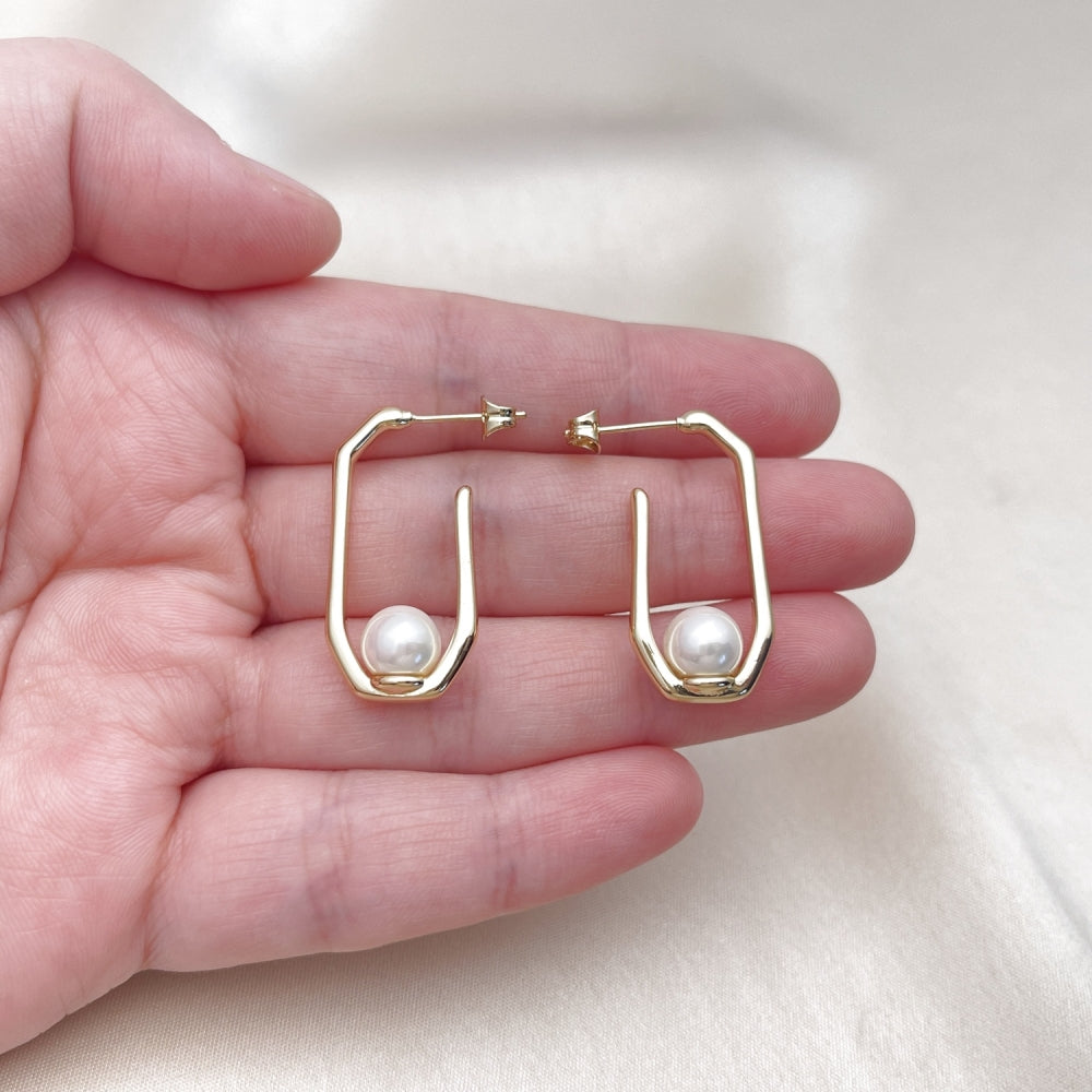 Oro Laminado Small Hoop, Gold Filled Style Ball Design, with Ivory Mother of Pearl, Polished, Golden Finish