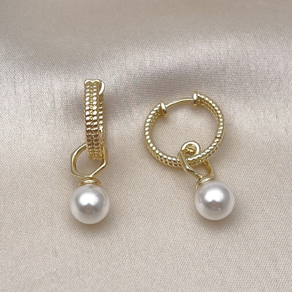 Oro Laminado Huggie Hoop, Gold Filled Style Ball Design, with Ivory Pearl, Diamond Cutting Finish, Golden Finish